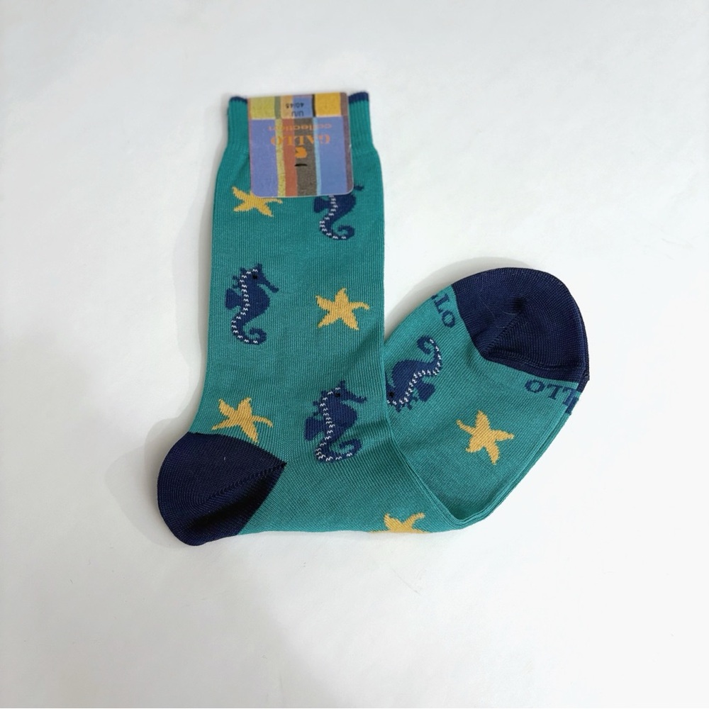 NWT Gallo Socks Unisex 40-45 Teal Seahorse Star Cotton Preppy Fun